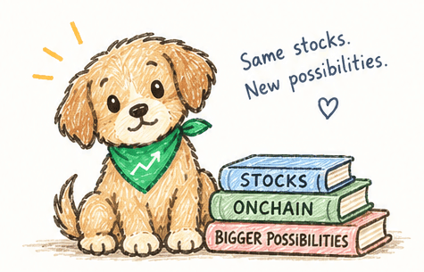 A puppy beside books about stocks, onchain, and bigger possibilities. Same stocks. New possibilities.