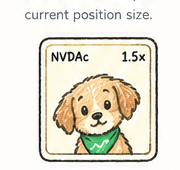 An illustrated NVDAc Position NFT with a puppy and 1.5x leverage