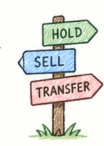 Hand-drawn signpost pointing to hold, sell, and transfer